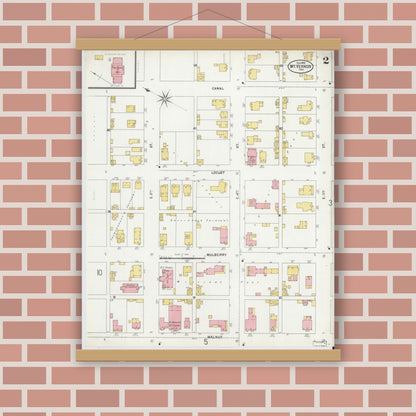 Old map wall art mockup — magnetic wood frame on brick wall — Sanborn Fire Insurance Map from Mount Vernon, Posey County, Indiana (1899), Sheet #0002