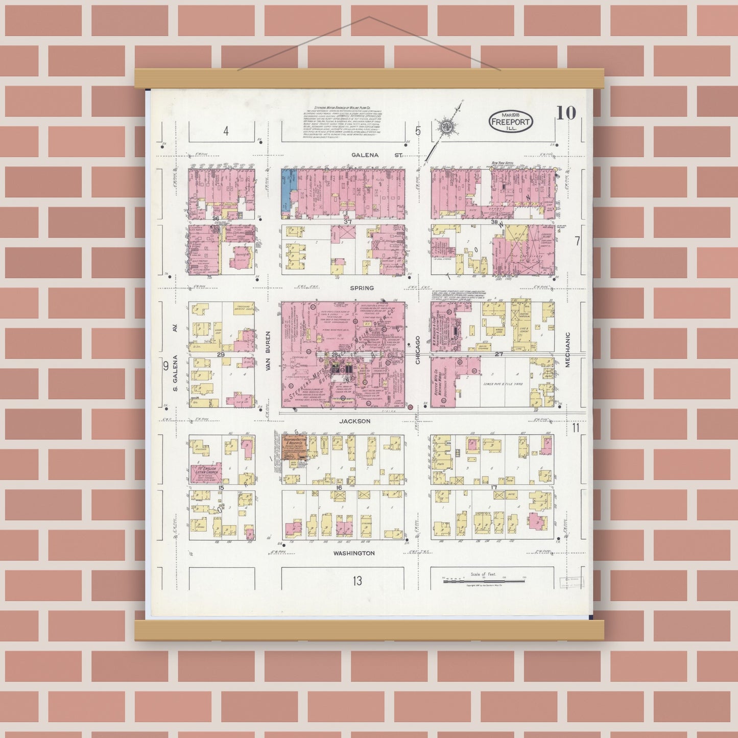 Old map wall art mockup — magnetic wood frame on brick wall — Sanborn Fire Insurance Map from Freeport, Stephenson County, Illinois (1918), Sheet #0010