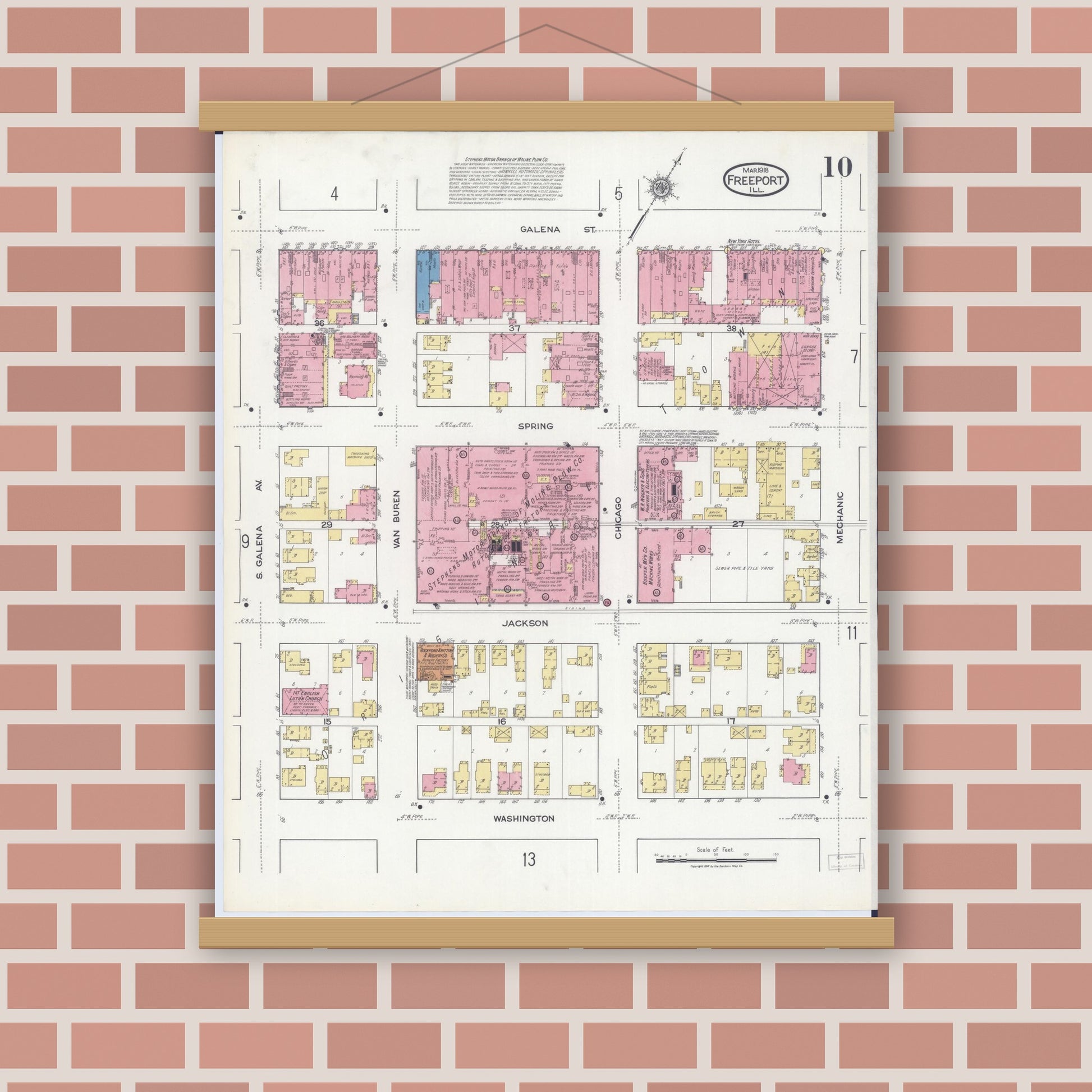 Old map wall art mockup — magnetic wood frame on brick wall — Sanborn Fire Insurance Map from Freeport, Stephenson County, Illinois (1918), Sheet #0010