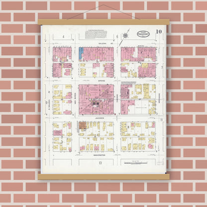 Old map wall art mockup — magnetic wood frame on brick wall — Sanborn Fire Insurance Map from Freeport, Stephenson County, Illinois (1918), Sheet #0010