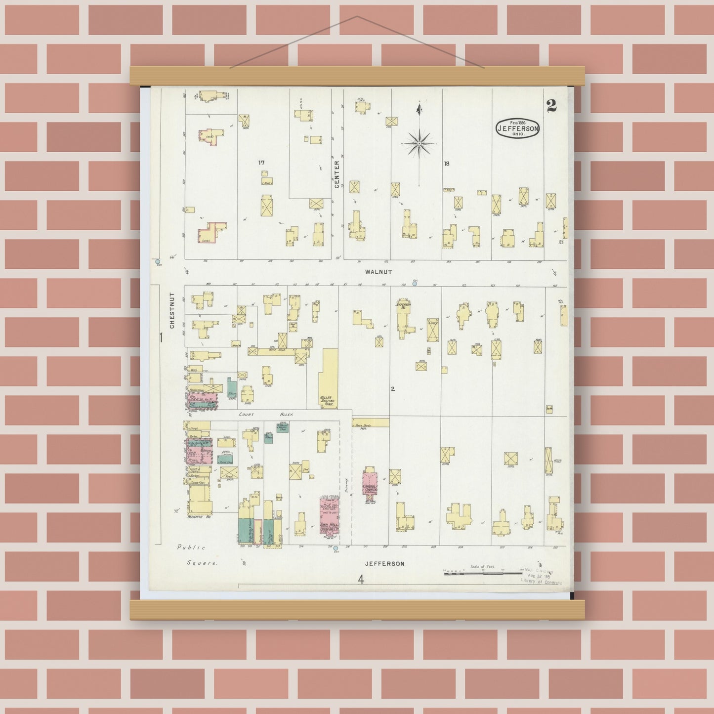 Old map wall art mockup — magnetic wood frame on brick wall — Sanborn Fire Insurance Map from Jefferson, Ashtabula County, Ohio (1896), Sheet #0002