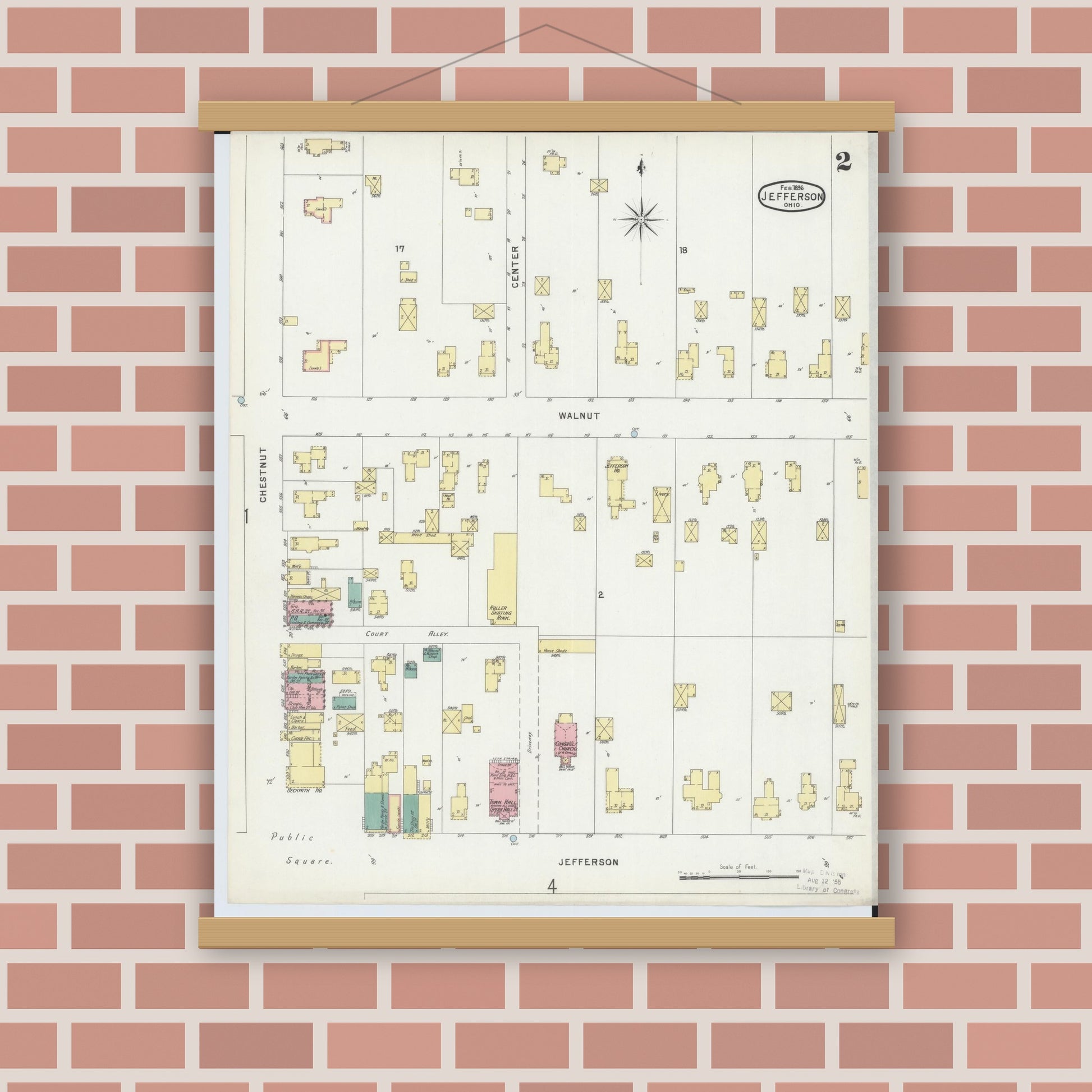Old map wall art mockup — magnetic wood frame on brick wall — Sanborn Fire Insurance Map from Jefferson, Ashtabula County, Ohio (1896), Sheet #0002