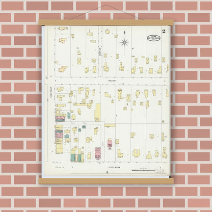 Old map wall art mockup — magnetic wood frame on brick wall — Sanborn Fire Insurance Map from Jefferson, Ashtabula County, Ohio (1896), Sheet #0002