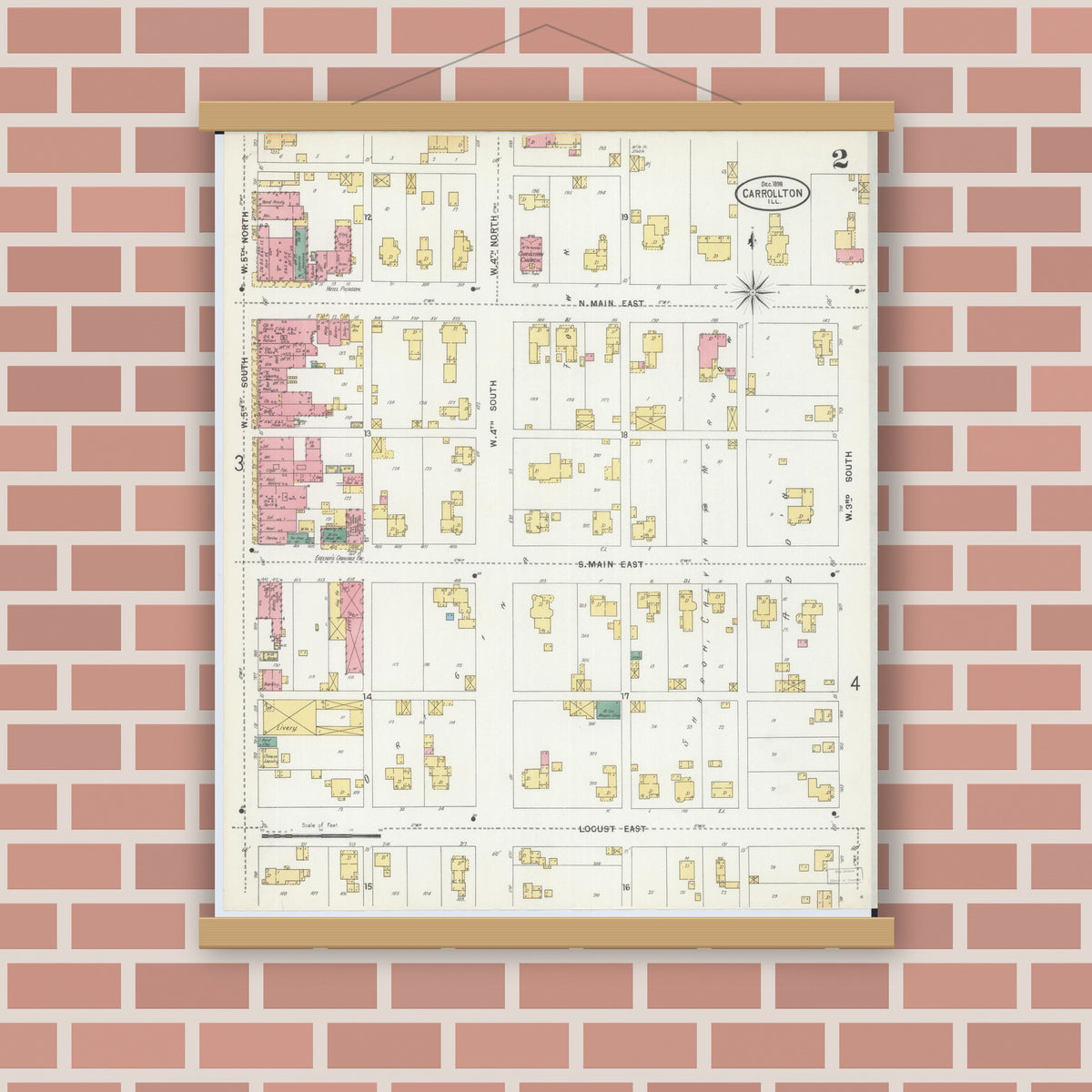 Old map wall art mockup — magnetic wood frame on brick wall — Sanborn Fire Insurance Map from Carrollton, Greene County, Illinois (1898), Sheet #0002