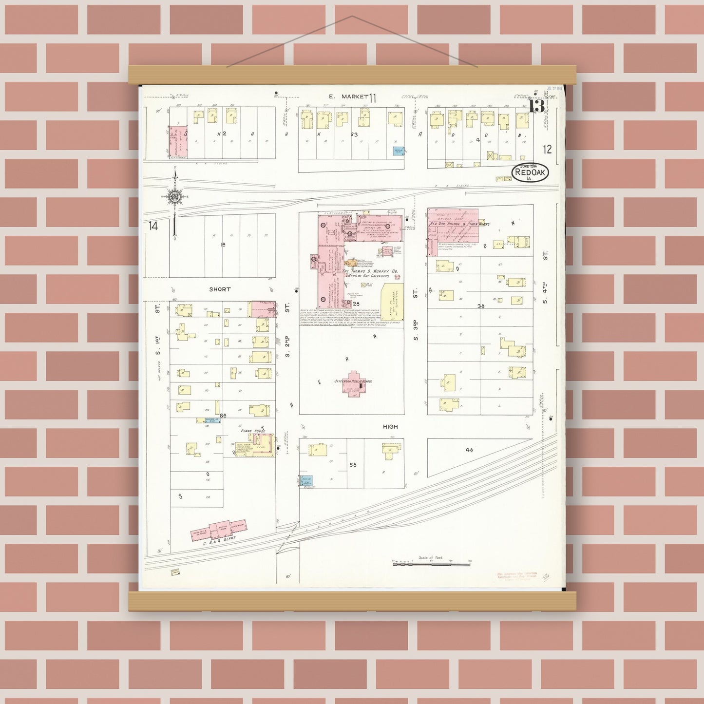 Old map wall art mockup — magnetic wood frame on brick wall — Sanborn Fire Insurance Map from Red Oak, Montgomery County, Iowa (1914), Sheet #0013