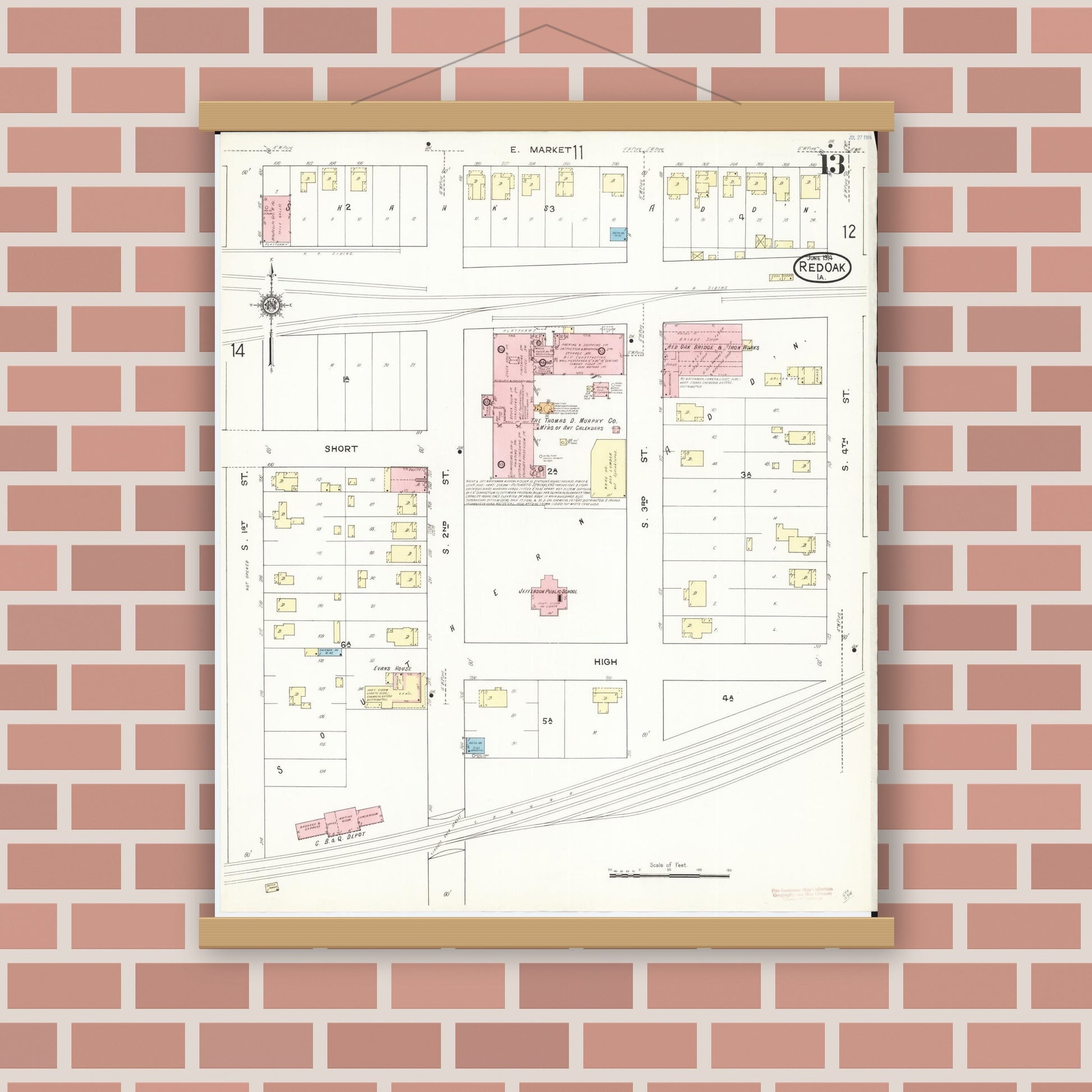 Old map wall art mockup — magnetic wood frame on brick wall — Sanborn Fire Insurance Map from Red Oak, Montgomery County, Iowa (1914), Sheet #0013
