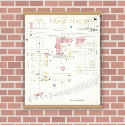 Old map wall art mockup — magnetic wood frame on brick wall — Sanborn Fire Insurance Map from Red Oak, Montgomery County, Iowa (1914), Sheet #0013