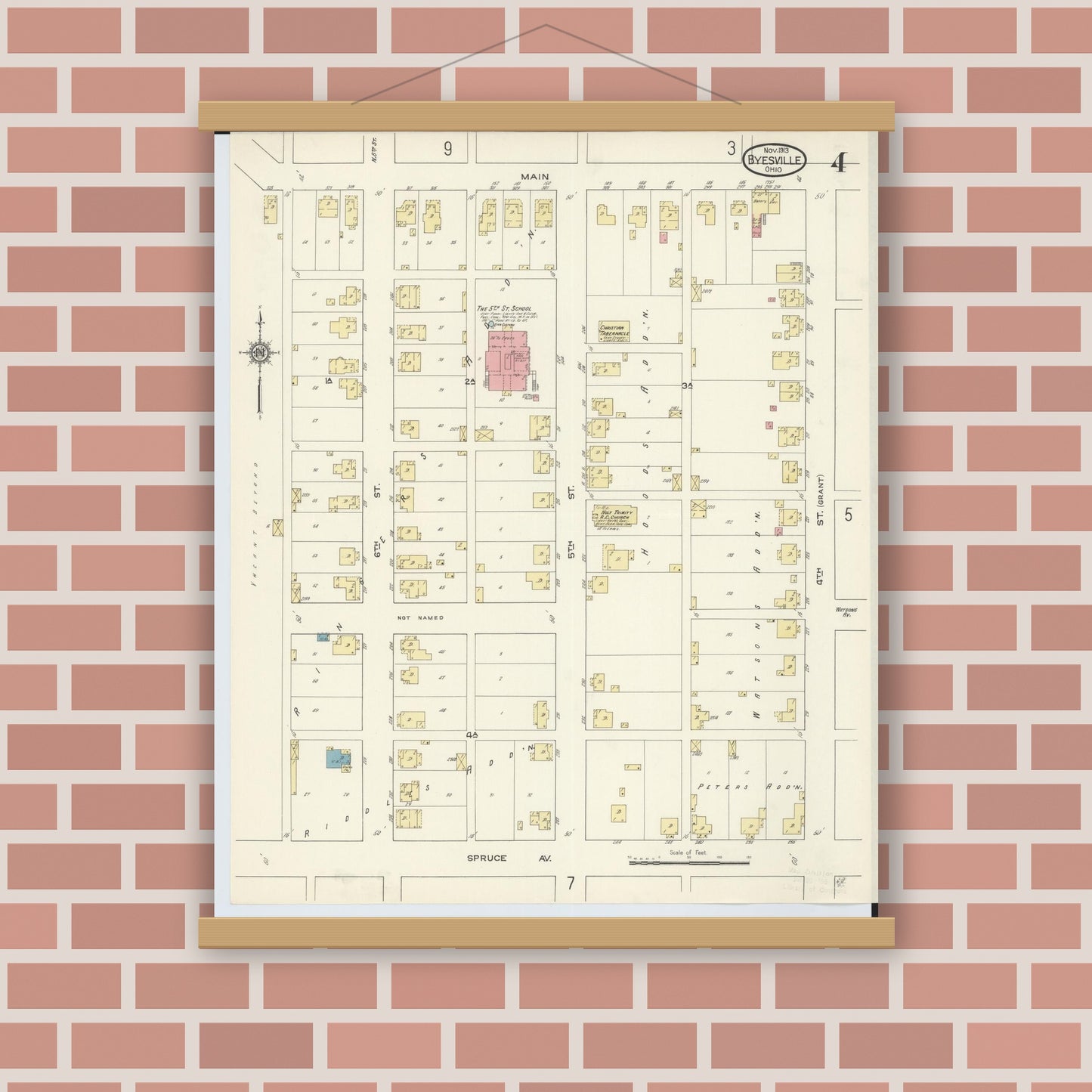 Old map wall art mockup — magnetic wood frame on brick wall — Sanborn Fire Insurance Map from Byesville, Guernsey County, Ohio (1913), Sheet #0004