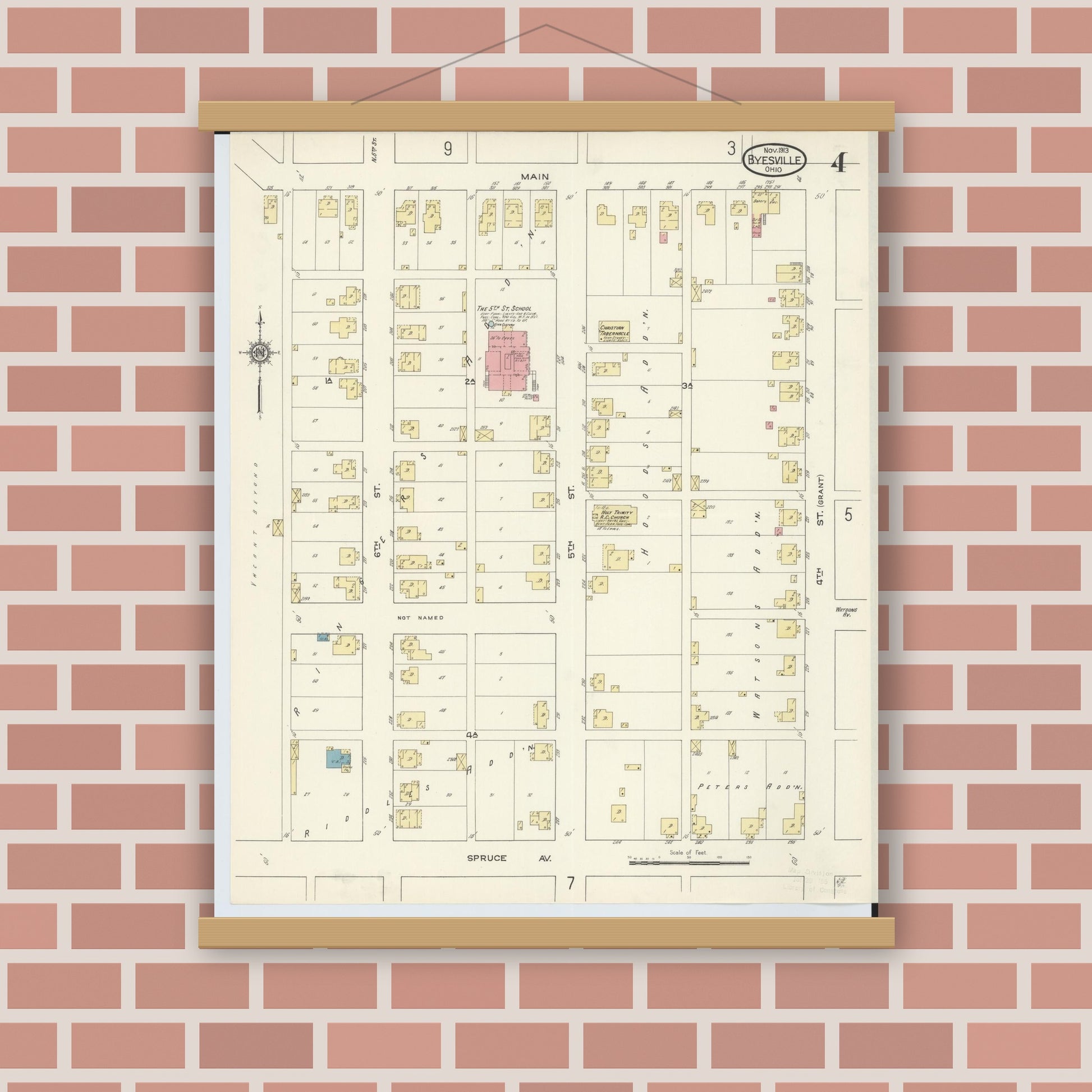 Old map wall art mockup — magnetic wood frame on brick wall — Sanborn Fire Insurance Map from Byesville, Guernsey County, Ohio (1913), Sheet #0004