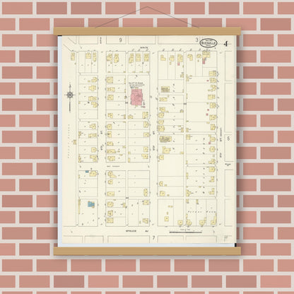 Old map wall art mockup — magnetic wood frame on brick wall — Sanborn Fire Insurance Map from Byesville, Guernsey County, Ohio (1913), Sheet #0004