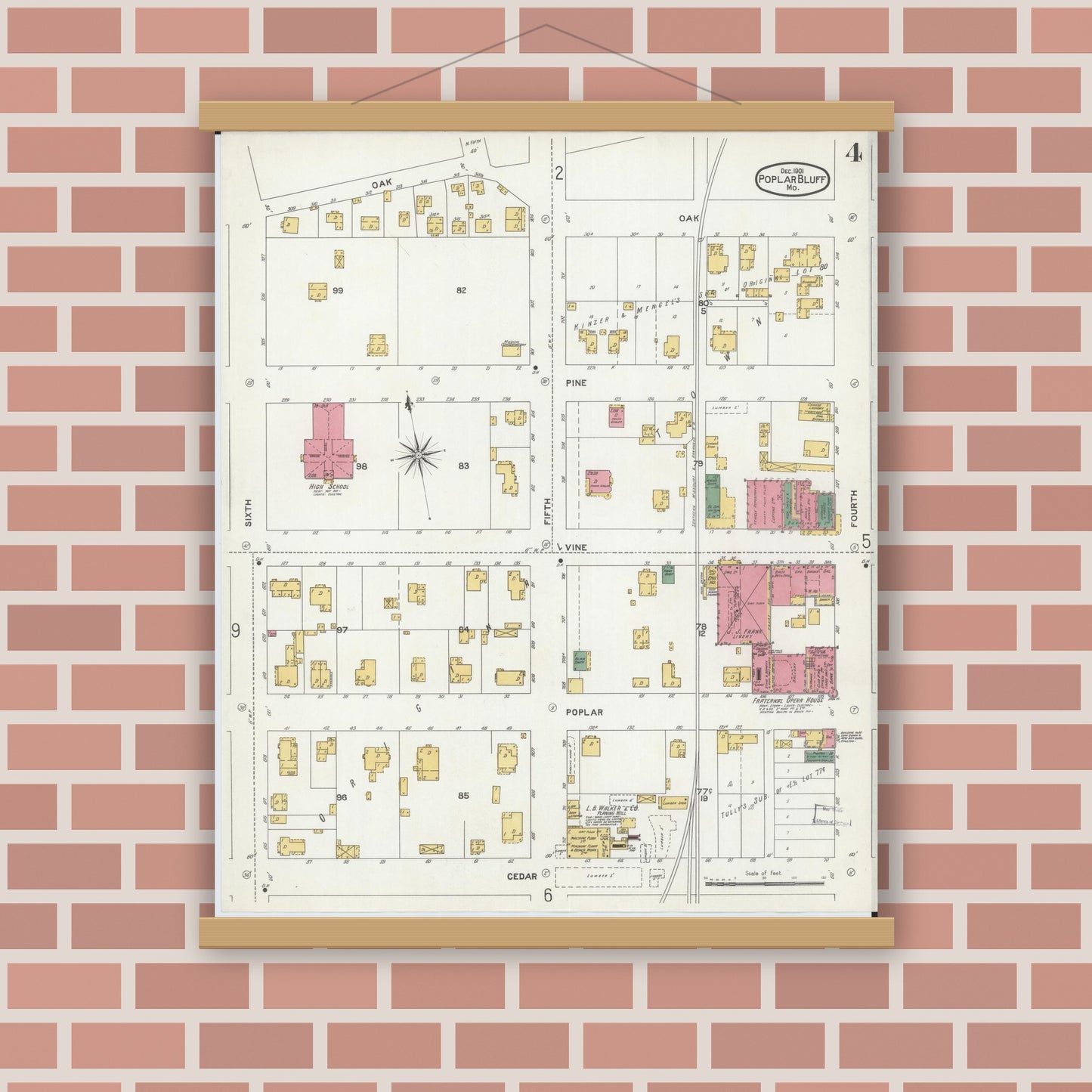Old map wall art mockup — magnetic wood frame on brick wall — Sanborn Fire Insurance Map from Poplar Bluff, Butler County, Missouri (1901), Sheet #0004