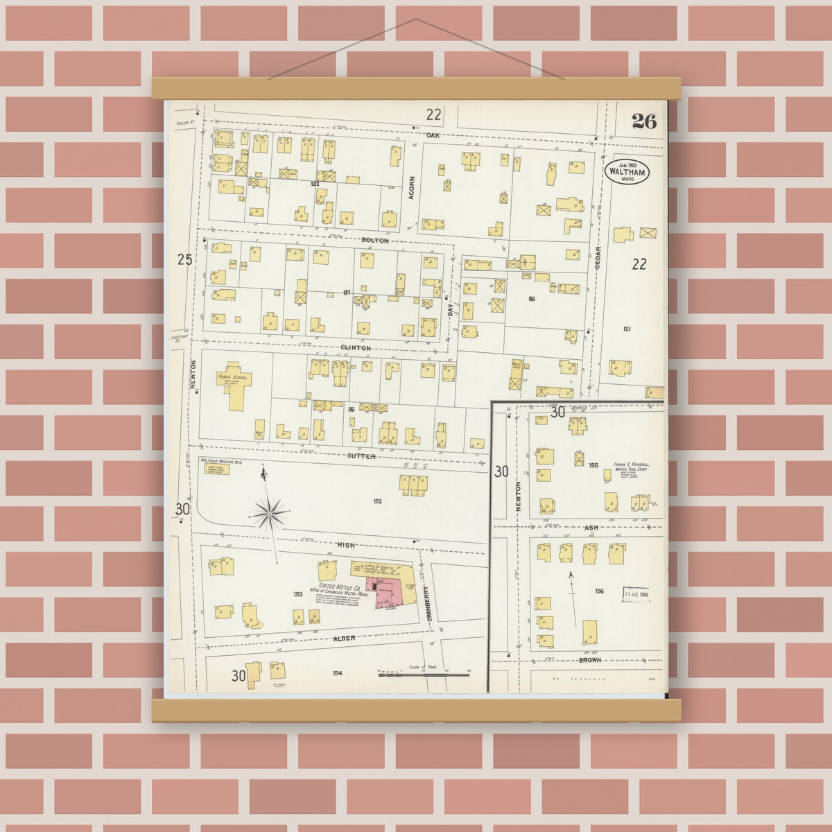 Old map wall art mockup — magnetic wood frame on brick wall — Sanborn Fire Insurance Map from Waltham, Middlesex County, Massachusetts (1903), Sheet #0026