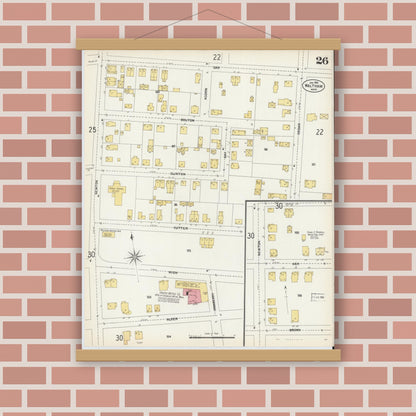 Old map wall art mockup — magnetic wood frame on brick wall — Sanborn Fire Insurance Map from Waltham, Middlesex County, Massachusetts (1903), Sheet #0026