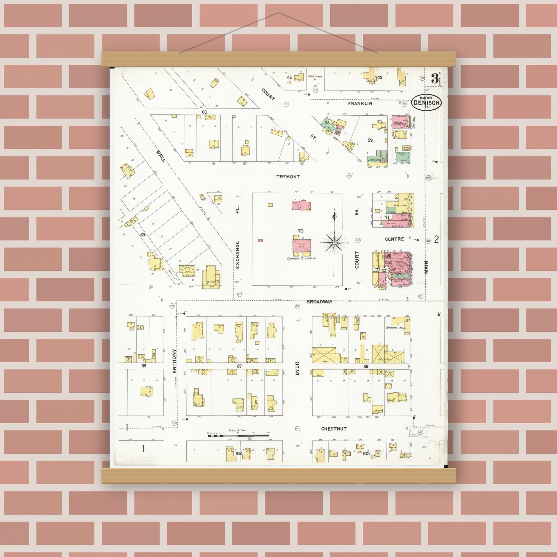 Old map wall art mockup — magnetic wood frame on brick wall — Sanborn Fire Insurance Map from Denison, Crawford County, Iowa (1899), Sheet #0003