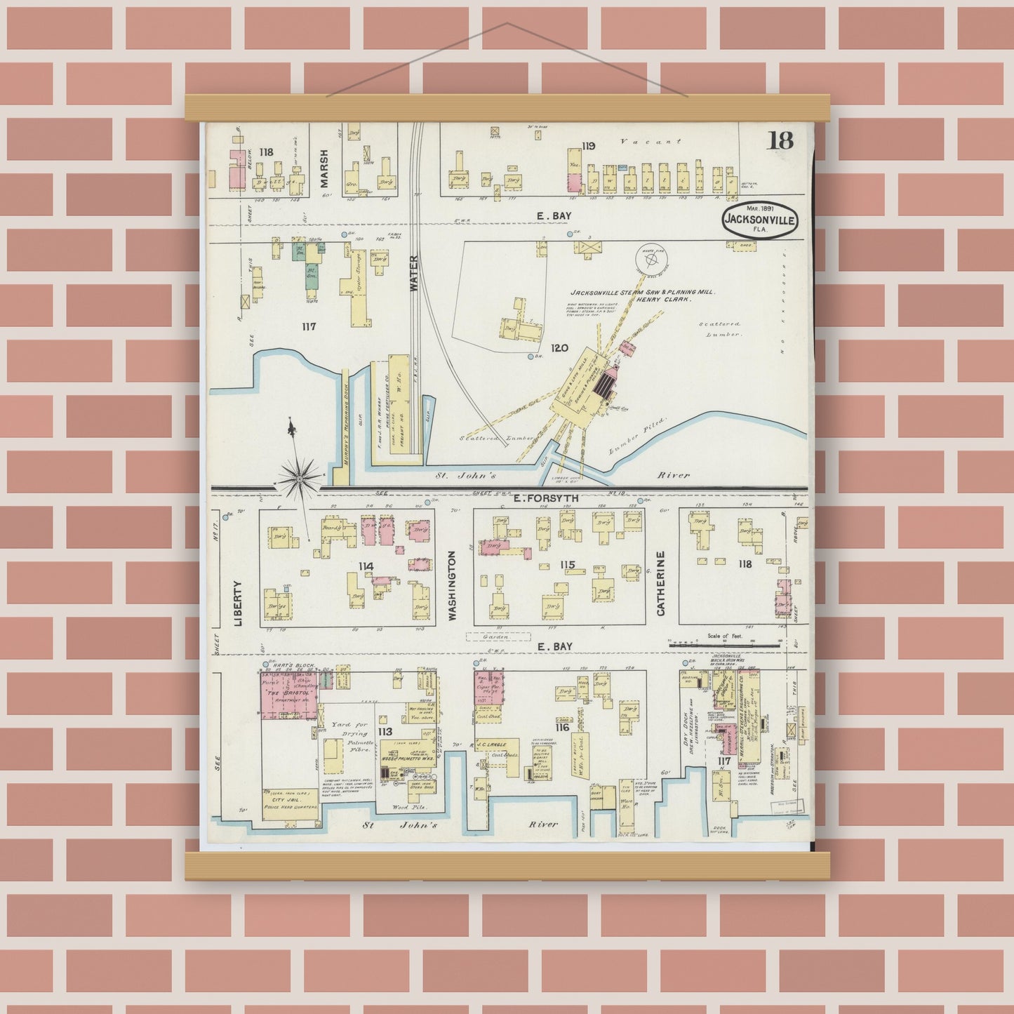 Old map wall art mockup — magnetic wood frame on brick wall — Sanborn Fire Insurance Map from Jacksonville, Duval County, Florida (1891), Sheet #0018