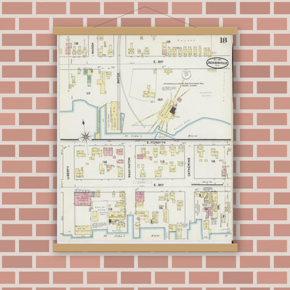 Old map wall art mockup — magnetic wood frame on brick wall — Sanborn Fire Insurance Map from Jacksonville, Duval County, Florida (1891), Sheet #0018