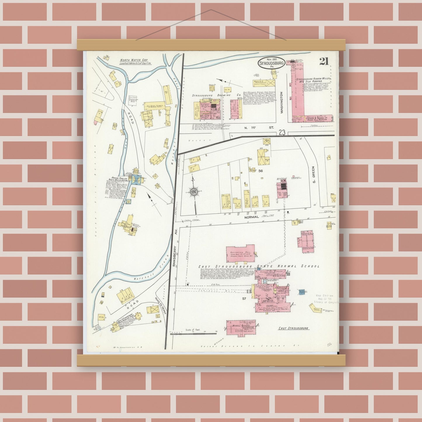 Old map wall art mockup — magnetic wood frame on brick wall — Sanborn Fire Insurance Map from Stroudsburg, Monroe County, Pennsylvania (1912), Sheet #0021