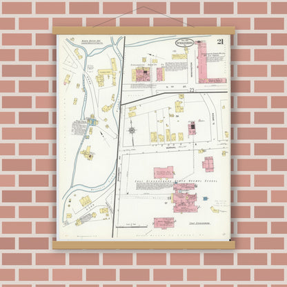 Old map wall art mockup — magnetic wood frame on brick wall — Sanborn Fire Insurance Map from Stroudsburg, Monroe County, Pennsylvania (1912), Sheet #0021