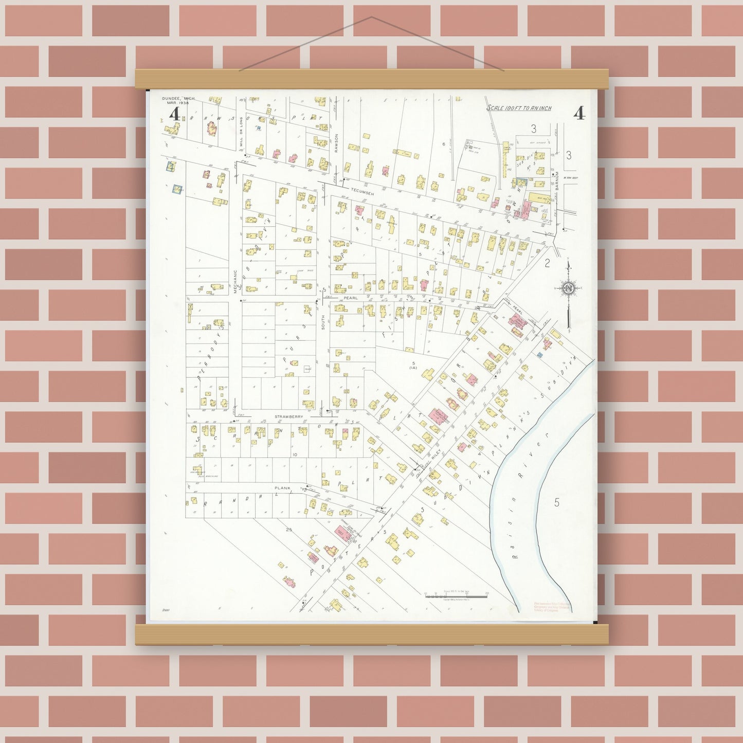 Old map wall art mockup — magnetic wood frame on brick wall — Sanborn Fire Insurance Map from Dundee, Monroe County, Michigan (1938), Sheet #0004