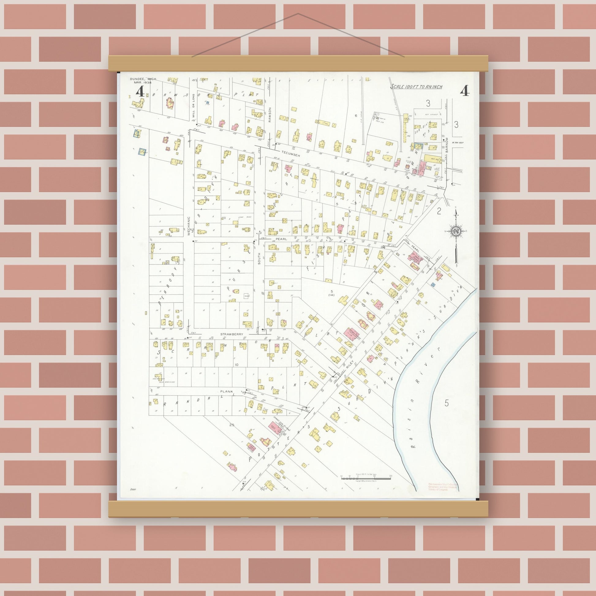 Old map wall art mockup — magnetic wood frame on brick wall — Sanborn Fire Insurance Map from Dundee, Monroe County, Michigan (1938), Sheet #0004