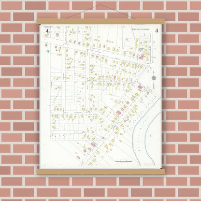 Old map wall art mockup — magnetic wood frame on brick wall — Sanborn Fire Insurance Map from Dundee, Monroe County, Michigan (1938), Sheet #0004