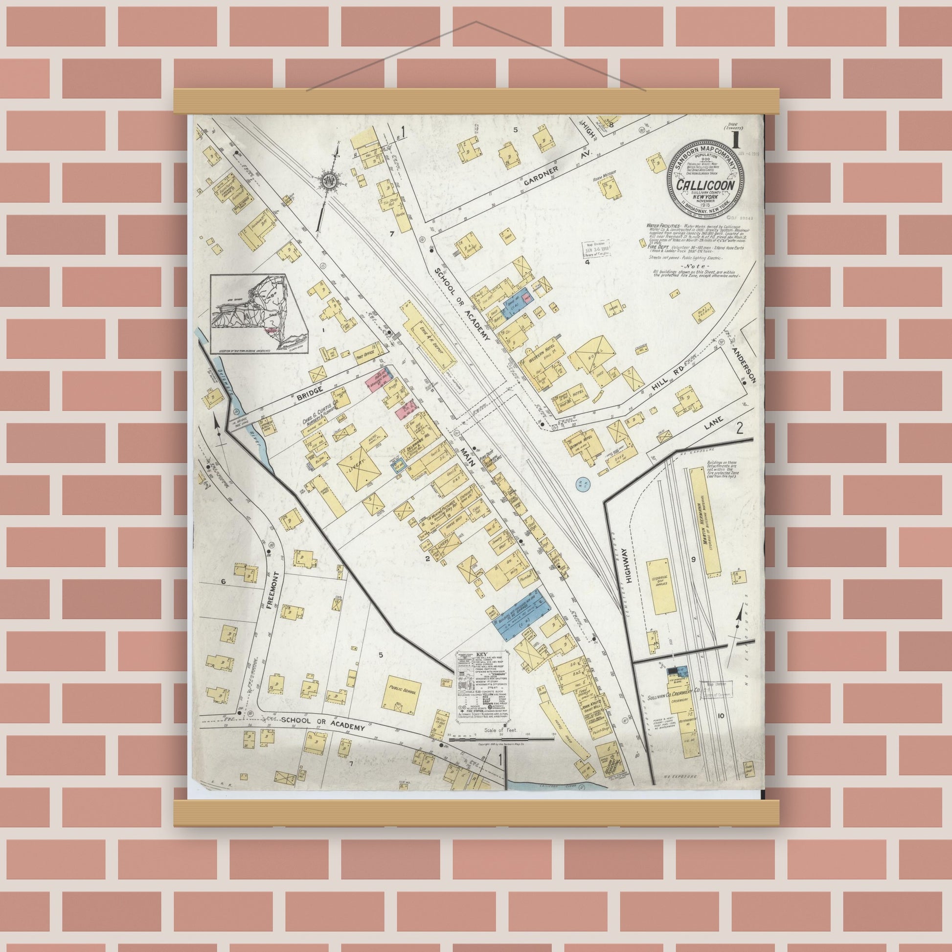 Old map wall art mockup — magnetic wood frame on brick wall — Sanborn Fire Insurance Map from Callicoon, Sullivan County, New York (1918) - Complete Map Set