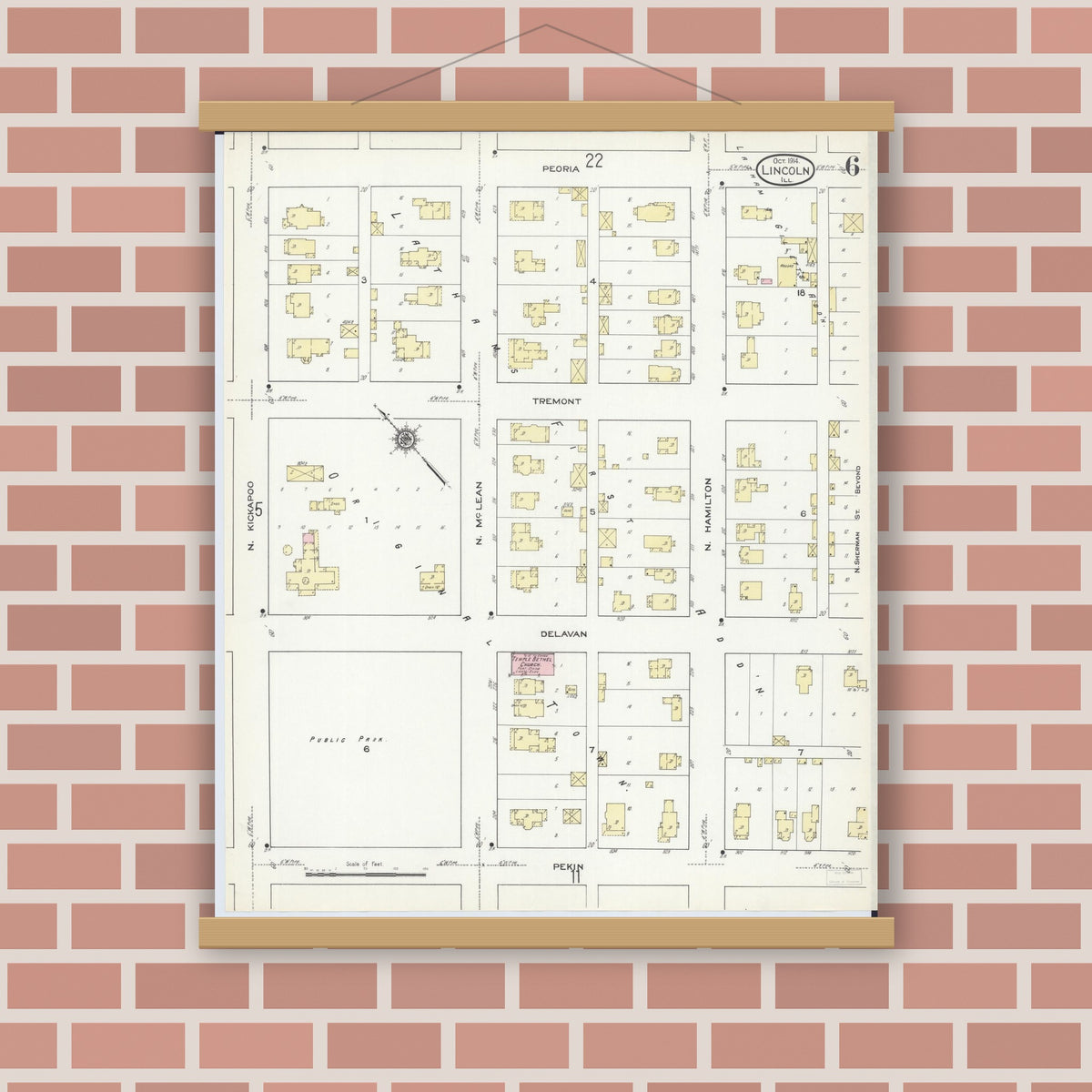 Old map wall art mockup — magnetic wood frame on brick wall — Sanborn Fire Insurance Map from Lincoln, Logan County, Illinois (1914), Sheet #0006