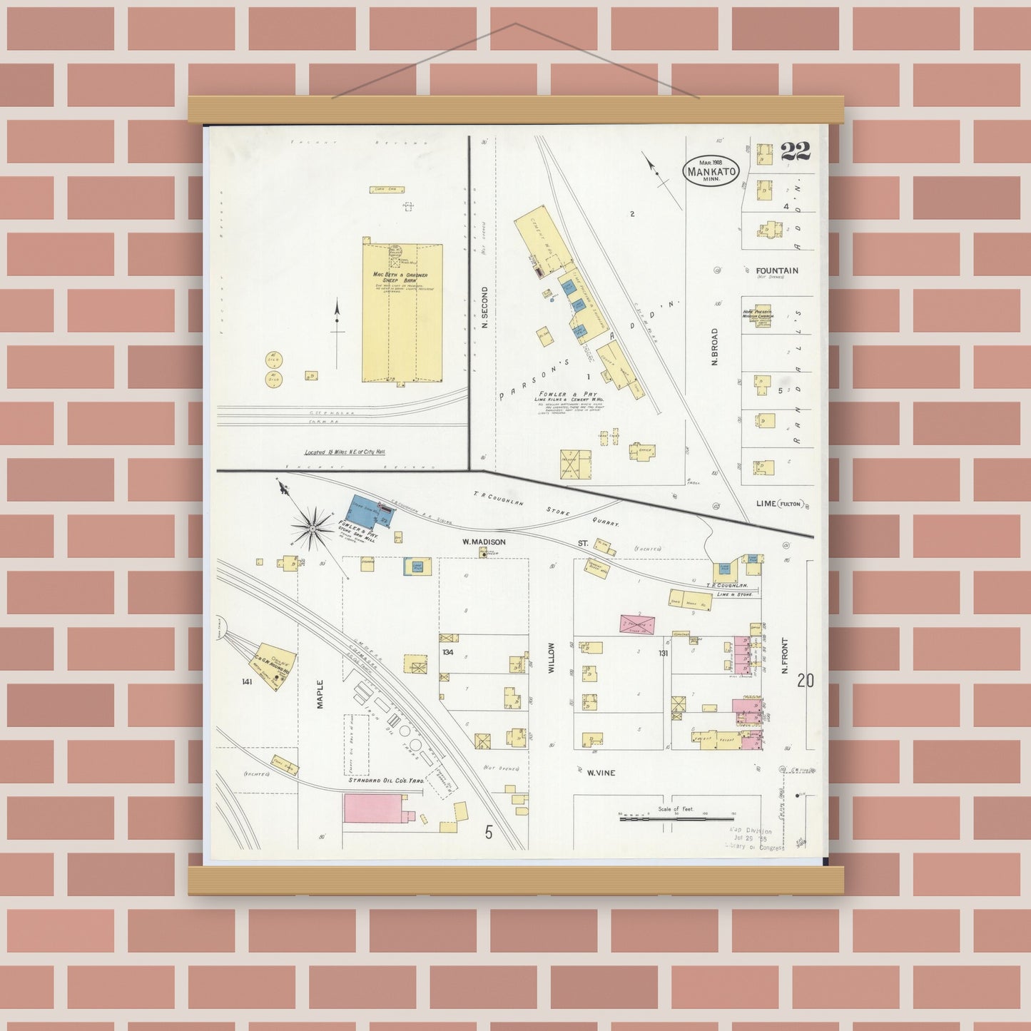 Old map wall art mockup — magnetic wood frame on brick wall — Sanborn Fire Insurance Map from Mankato, Blue Earth County, Minnesota (1908), Sheet #0022