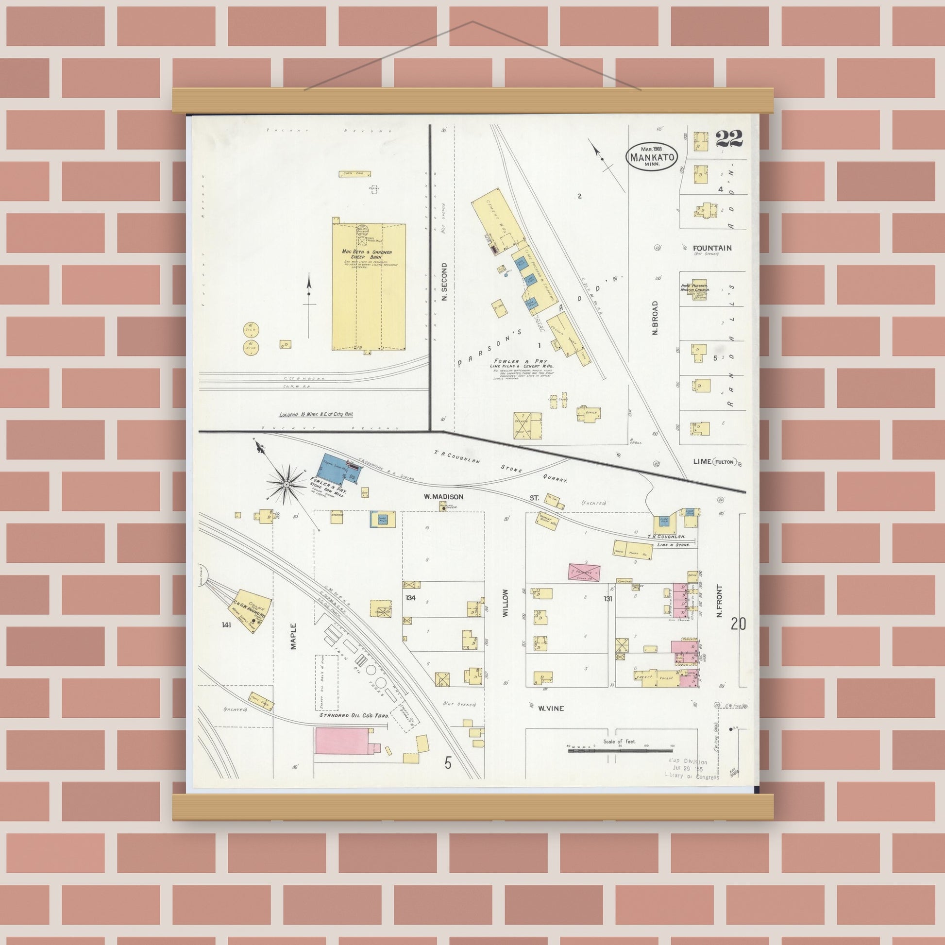 Old map wall art mockup — magnetic wood frame on brick wall — Sanborn Fire Insurance Map from Mankato, Blue Earth County, Minnesota (1908), Sheet #0022