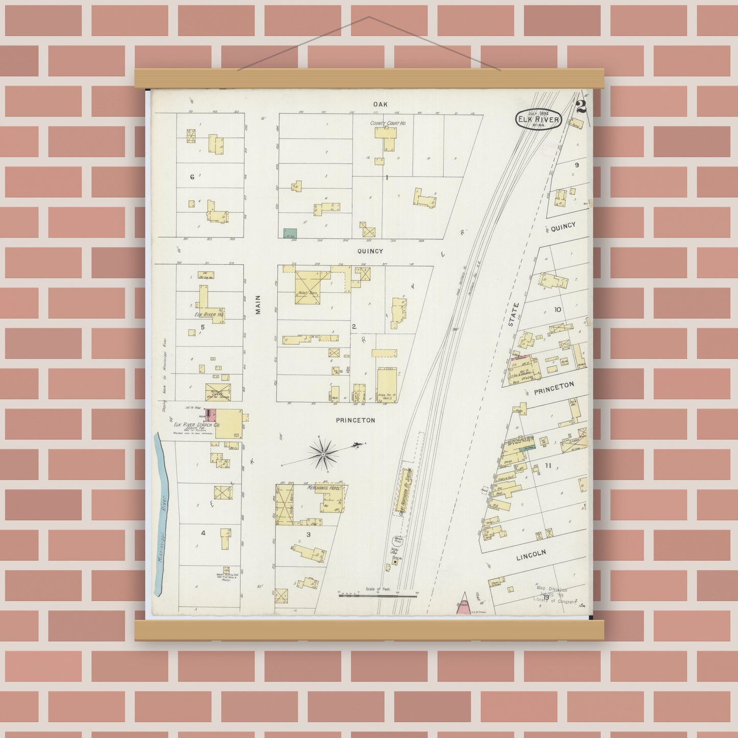 Old map wall art mockup — magnetic wood frame on brick wall — Sanborn Fire Insurance Map from Elk River, Sherburne County, Minnesota (1894), Sheet #0002