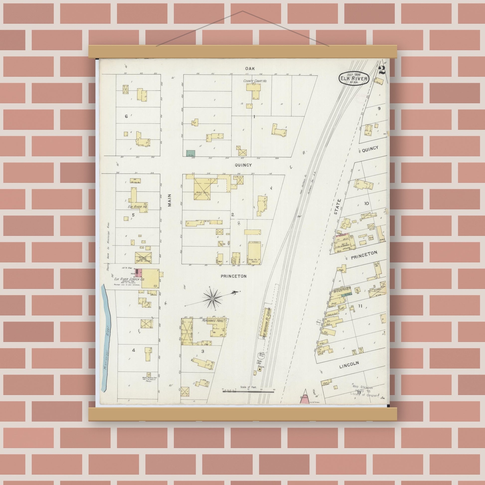 Old map wall art mockup — magnetic wood frame on brick wall — Sanborn Fire Insurance Map from Elk River, Sherburne County, Minnesota (1894), Sheet #0002