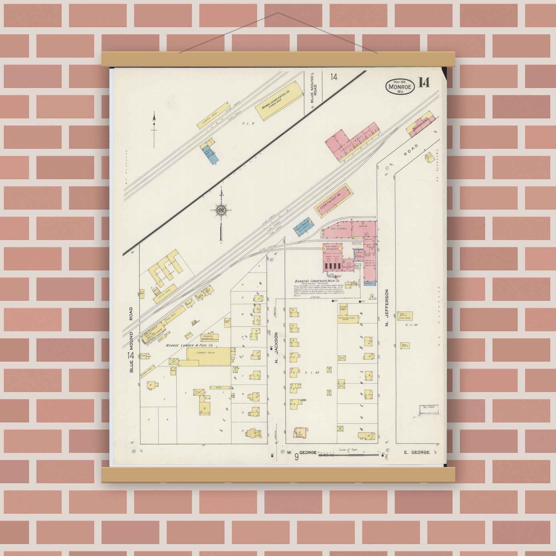 Old map wall art mockup — magnetic wood frame on brick wall — Sanborn Fire Insurance Map from Monroe, Green County, Wisconsin (1915), Sheet #0014