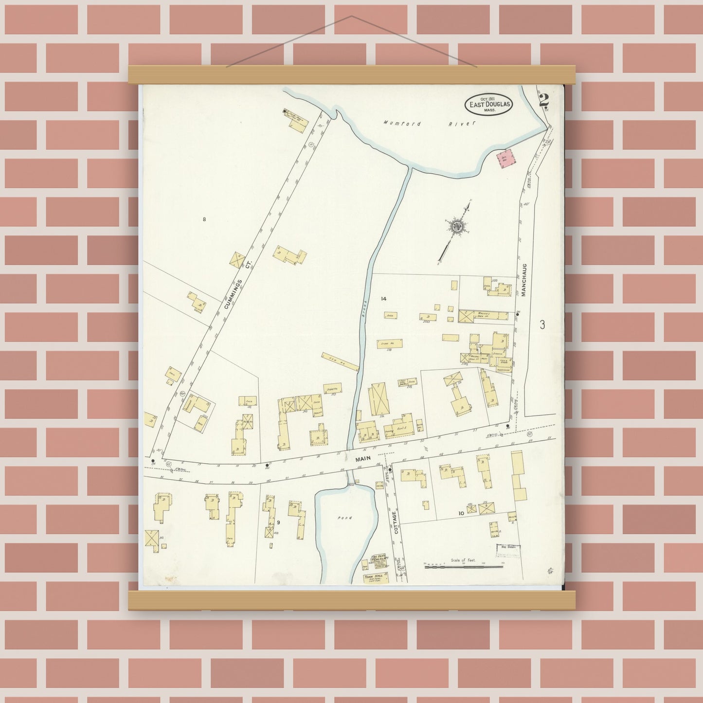 Old map wall art mockup — magnetic wood frame on brick wall — Sanborn Fire Insurance Map from East Douglas, Worcester County, Massachusetts (1911), Sheet #0002