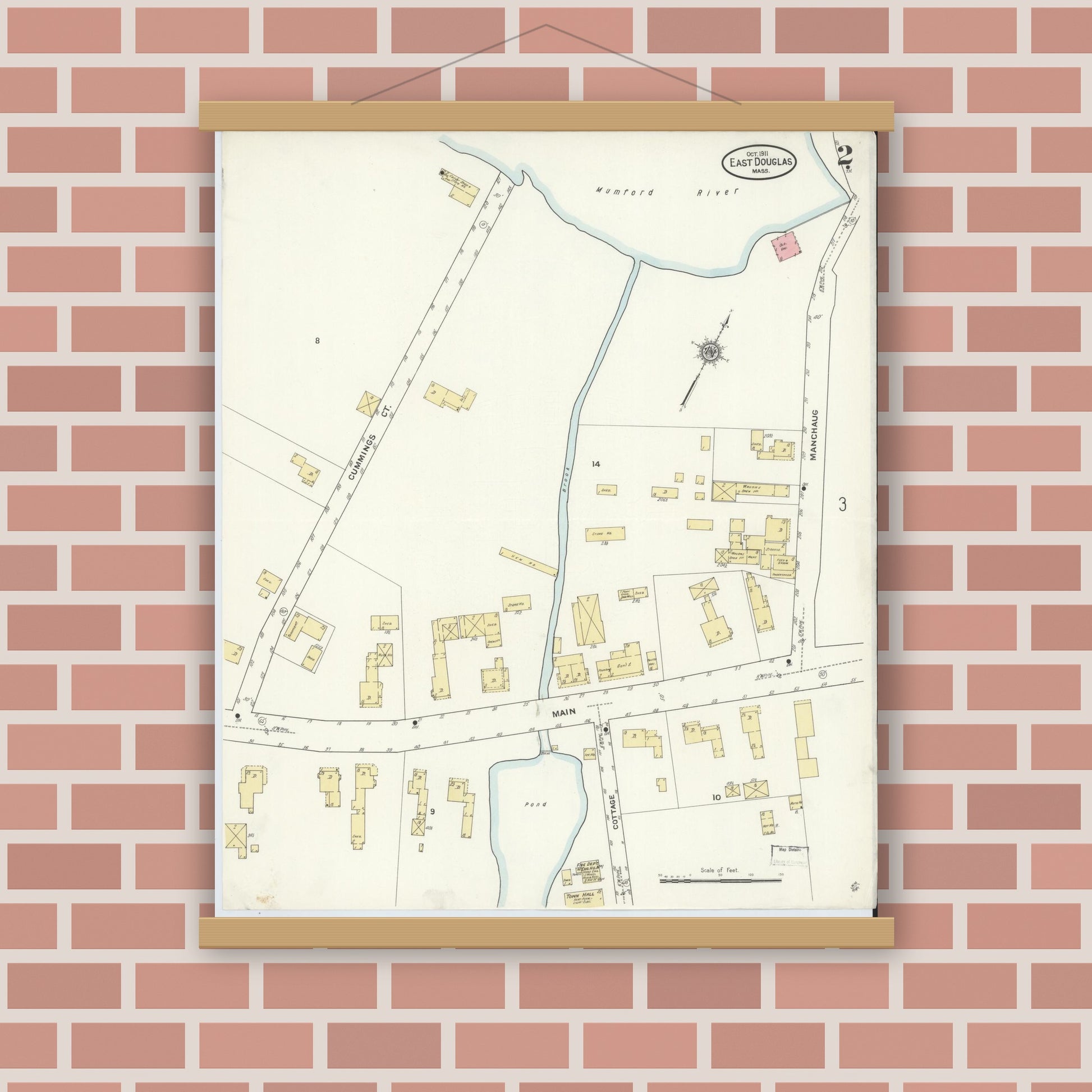 Old map wall art mockup — magnetic wood frame on brick wall — Sanborn Fire Insurance Map from East Douglas, Worcester County, Massachusetts (1911), Sheet #0002
