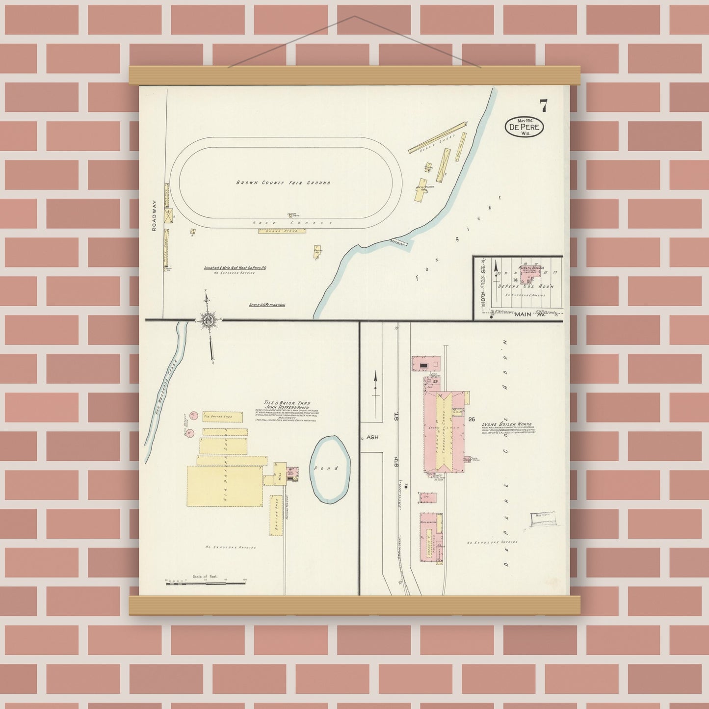 Old map wall art mockup — magnetic wood frame on brick wall — Sanborn Fire Insurance Map from De Pere, Brown County, Wisconsin (1914), Sheet #0007