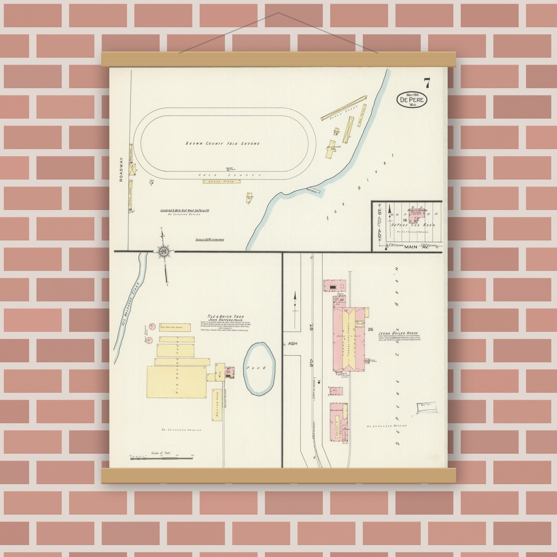 Old map wall art mockup — magnetic wood frame on brick wall — Sanborn Fire Insurance Map from De Pere, Brown County, Wisconsin (1914), Sheet #0007