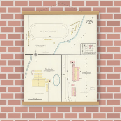 Old map wall art mockup — magnetic wood frame on brick wall — Sanborn Fire Insurance Map from De Pere, Brown County, Wisconsin (1914), Sheet #0007