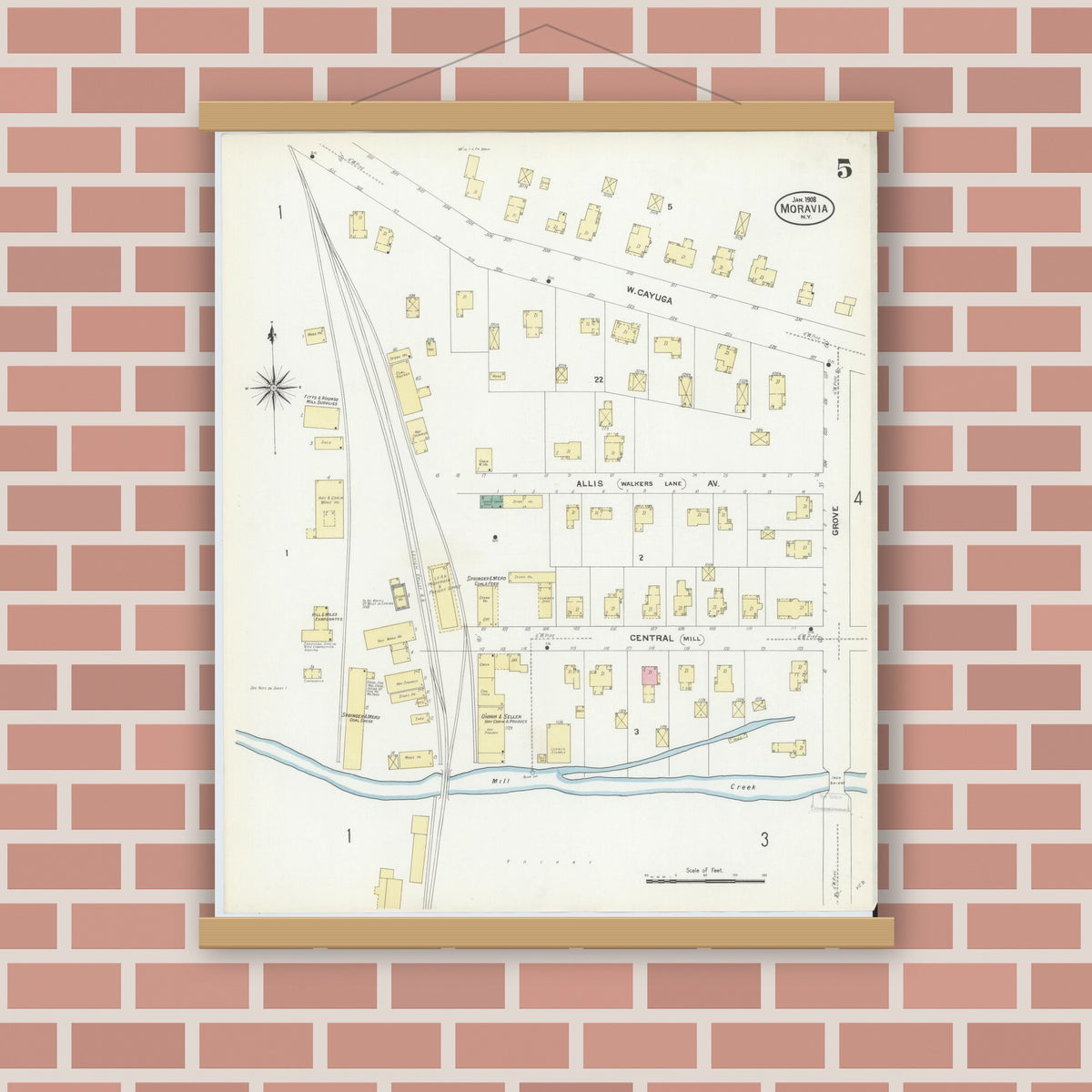 Old map wall art mockup — magnetic wood frame on brick wall — Sanborn Fire Insurance Map from Moravia, Cayuga County, New York (1908), Sheet #0005
