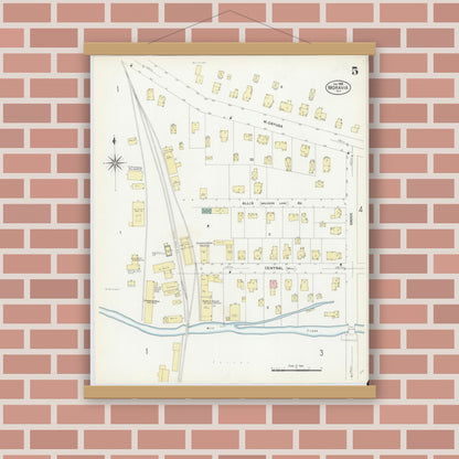 Old map wall art mockup — magnetic wood frame on brick wall — Sanborn Fire Insurance Map from Moravia, Cayuga County, New York (1908), Sheet #0005