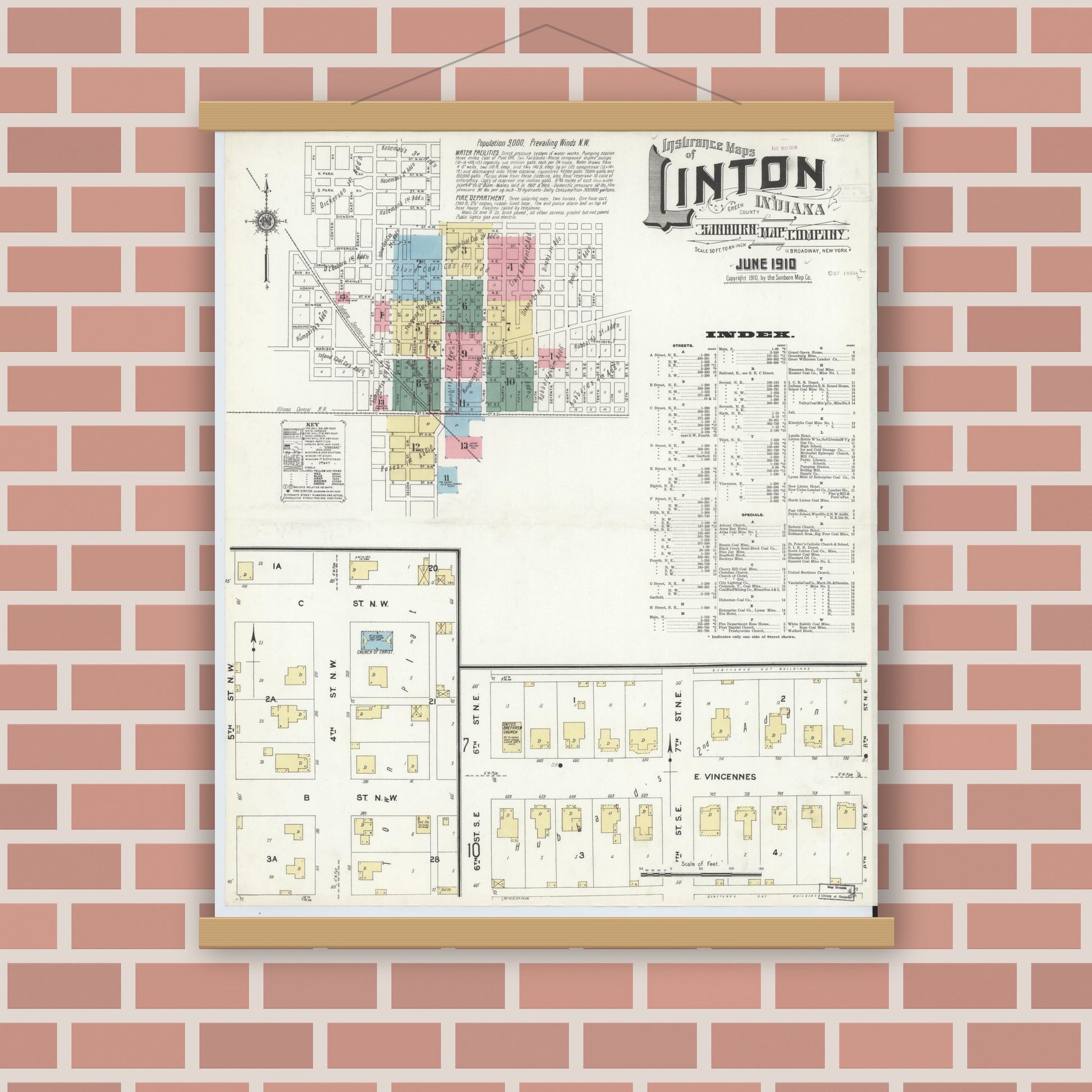 Old map wall art mockup — magnetic wood frame on brick wall — Sanborn Fire Insurance Map from Linton, Greene County, Indiana (1910), Sheet #0001