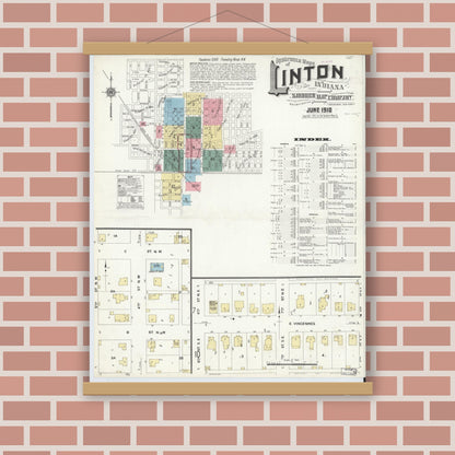 Old map wall art mockup — magnetic wood frame on brick wall — Sanborn Fire Insurance Map from Linton, Greene County, Indiana (1910), Sheet #0001