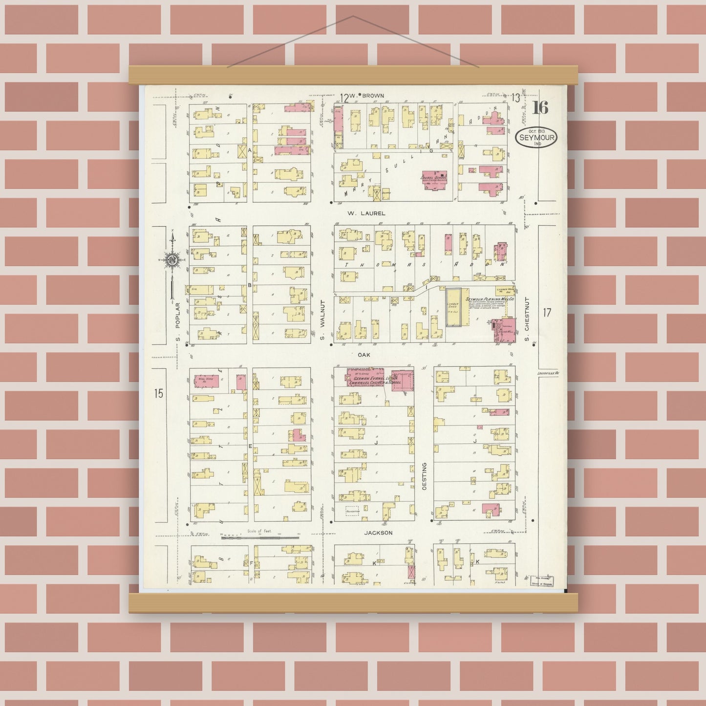 Old map wall art mockup — magnetic wood frame on brick wall — Sanborn Fire Insurance Map from Seymour, Jackson County, Indiana (1913), Sheet #0016