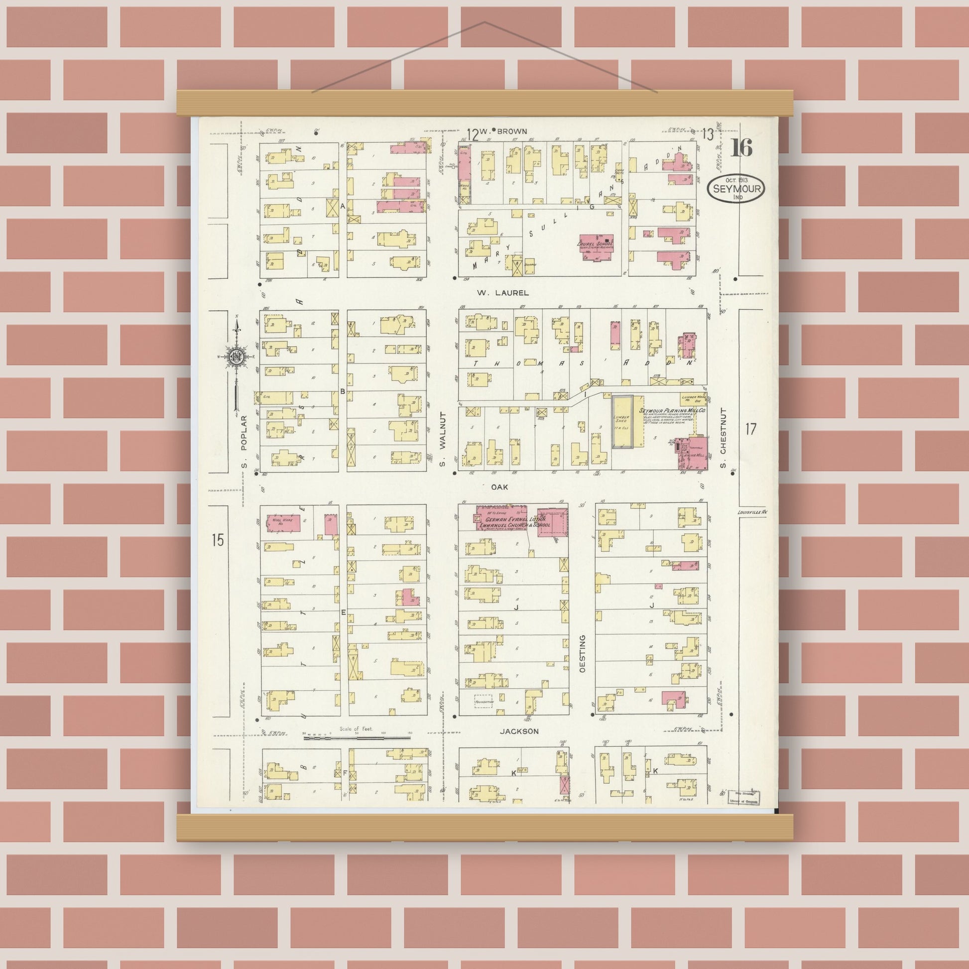 Old map wall art mockup — magnetic wood frame on brick wall — Sanborn Fire Insurance Map from Seymour, Jackson County, Indiana (1913), Sheet #0016