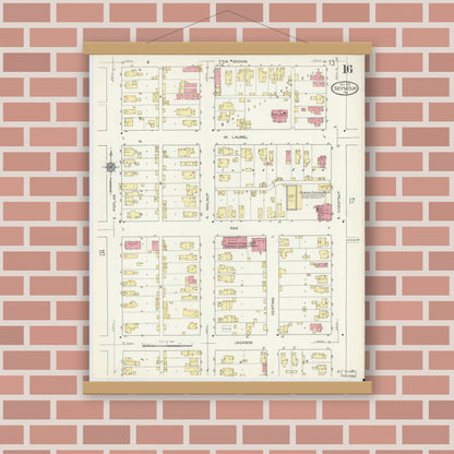 Old map wall art mockup — magnetic wood frame on brick wall — Sanborn Fire Insurance Map from Seymour, Jackson County, Indiana (1913), Sheet #0016