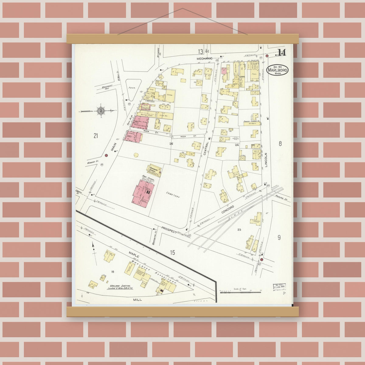 Old map wall art mockup — magnetic wood frame on brick wall — Sanborn Fire Insurance Map from Marlborough, Middlesex County, Massachusetts (1912), Sheet #0014