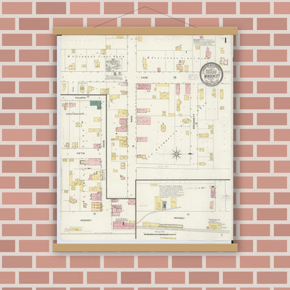Old map wall art mockup — magnetic wood frame on brick wall — Sanborn Fire Insurance Map from Minden City, Sanilac County, Michigan (1909), Sheet #0001
