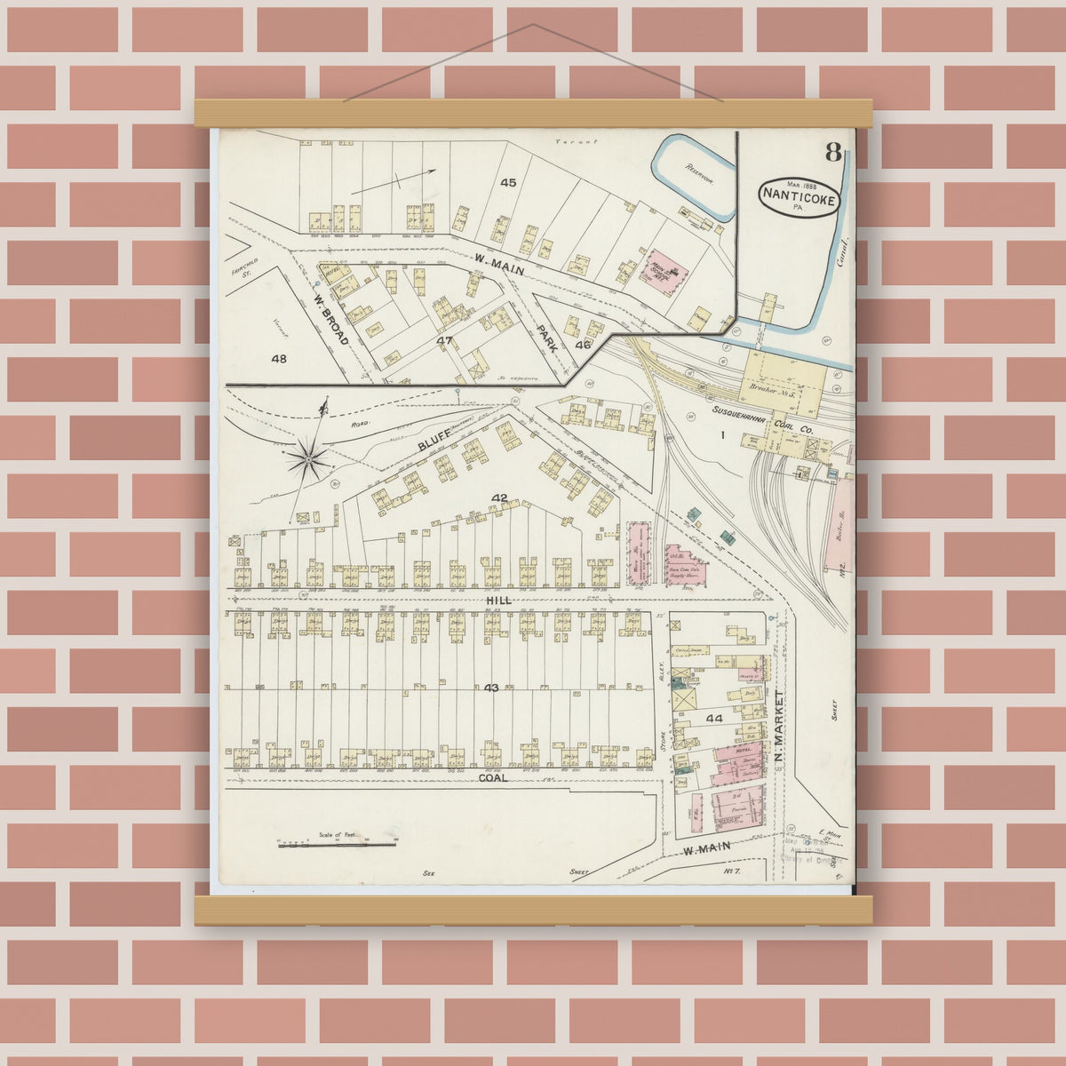Old map wall art mockup — magnetic wood frame on brick wall — Sanborn Fire Insurance Map from Nanticoke, Luzerne County, Pennsylvania (1888), Sheet #0008