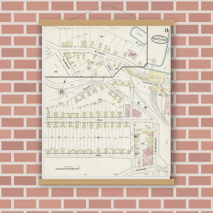 Old map wall art mockup — magnetic wood frame on brick wall — Sanborn Fire Insurance Map from Nanticoke, Luzerne County, Pennsylvania (1888), Sheet #0008
