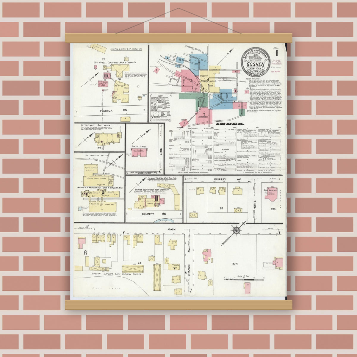 Old map wall art mockup — magnetic wood frame on brick wall — Sanborn Fire Insurance Map from Goshen, Orange County, New York (1910) - Complete Map Set
