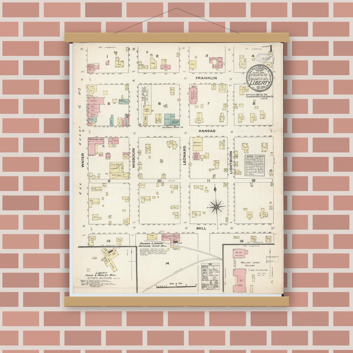 Old map wall art mockup — magnetic wood frame on brick wall — Sanborn Fire Insurance Map from Liberty, Clay County, Missouri (1883) - Complete Map Set